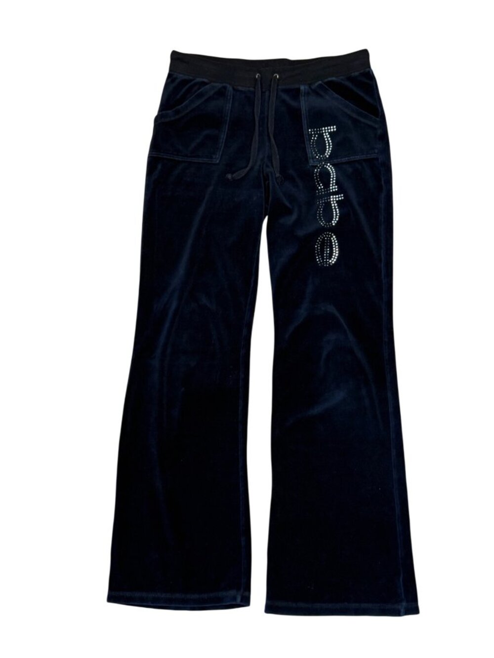 Y2K Bebe Navy Velour Flare Pants Womens Drawstring Waist Rhinestone Logo Back Po